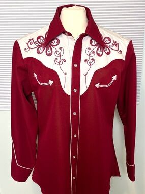 Vintage H Bar C Western Pearl Snap Shirt Red w/White Yoke Mens Small Long Sleeve